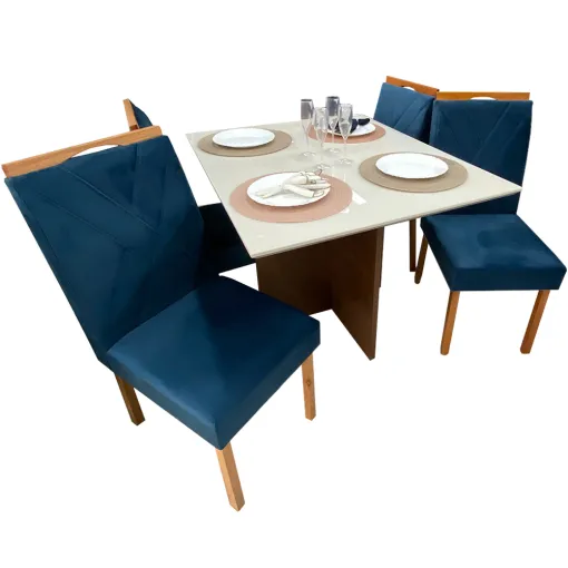 Mesa-de-Jantar-Helo-90x90cm-em-Veludo-com-4-Cadeiras-California-Poliman-Mel-Off-White-Azul.webp