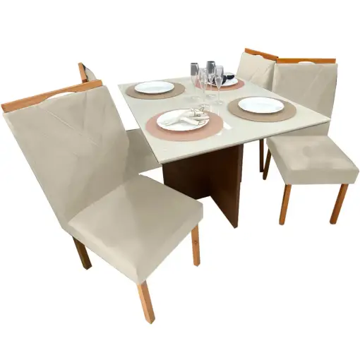 Mesa-de-Jantar-Helo-90x90cm-em-Veludo-com-4-Cadeiras-California-Poliman-Mel-Off-White-Bege.webp