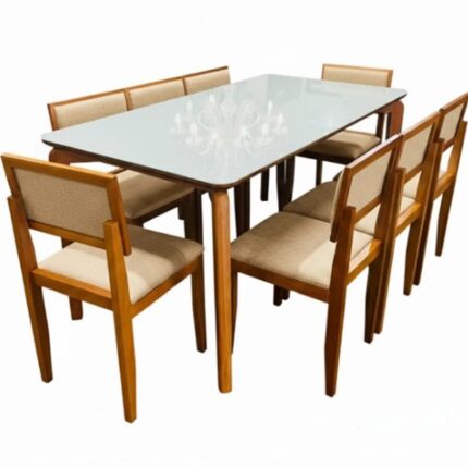 Mesa de Jantar Veneza 180x90cm com 8 Cadeiras Santorini Estofadas Madeira Tecido Linho Minas Plac